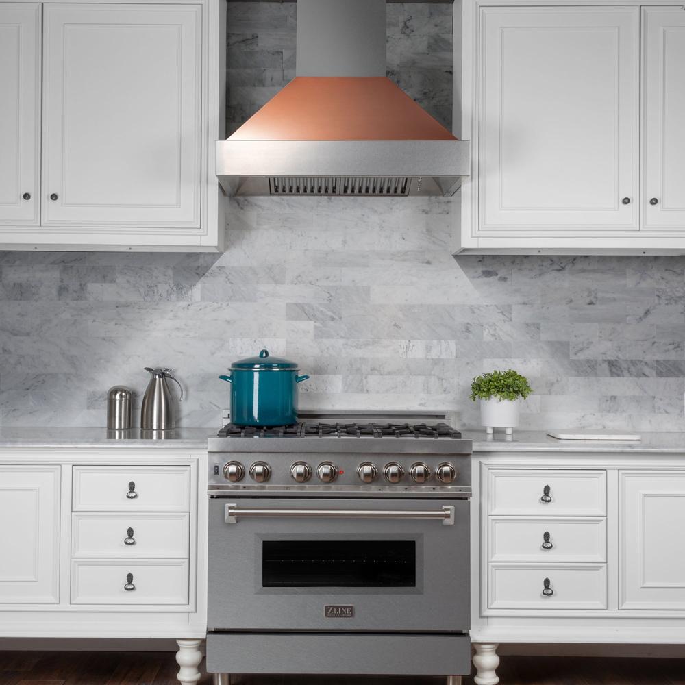 36 In. Ducted Satin Stainless Steel Wall Mount Range Hood With Copper Shell 8654C36