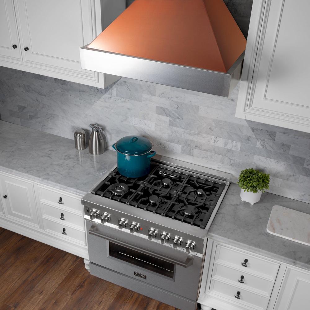36 In. Ducted Satin Stainless Steel Wall Mount Range Hood With Copper Shell 8654C36