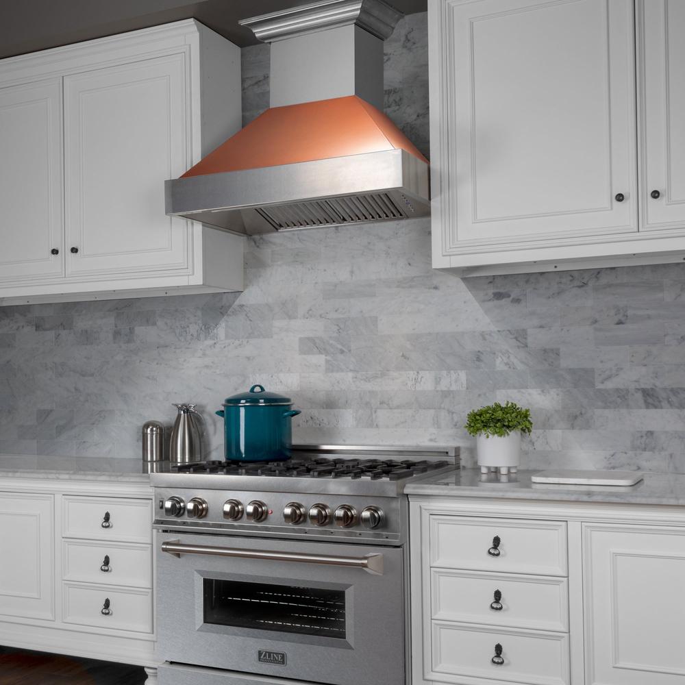 36 In. Ducted Satin Stainless Steel Wall Mount Range Hood With Copper Shell 8654C36