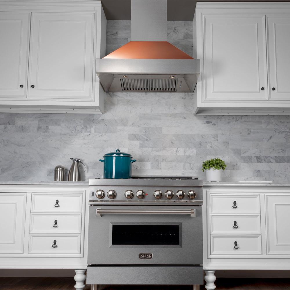 36 In. Ducted Satin Stainless Steel Wall Mount Range Hood With Copper Shell 8654C36