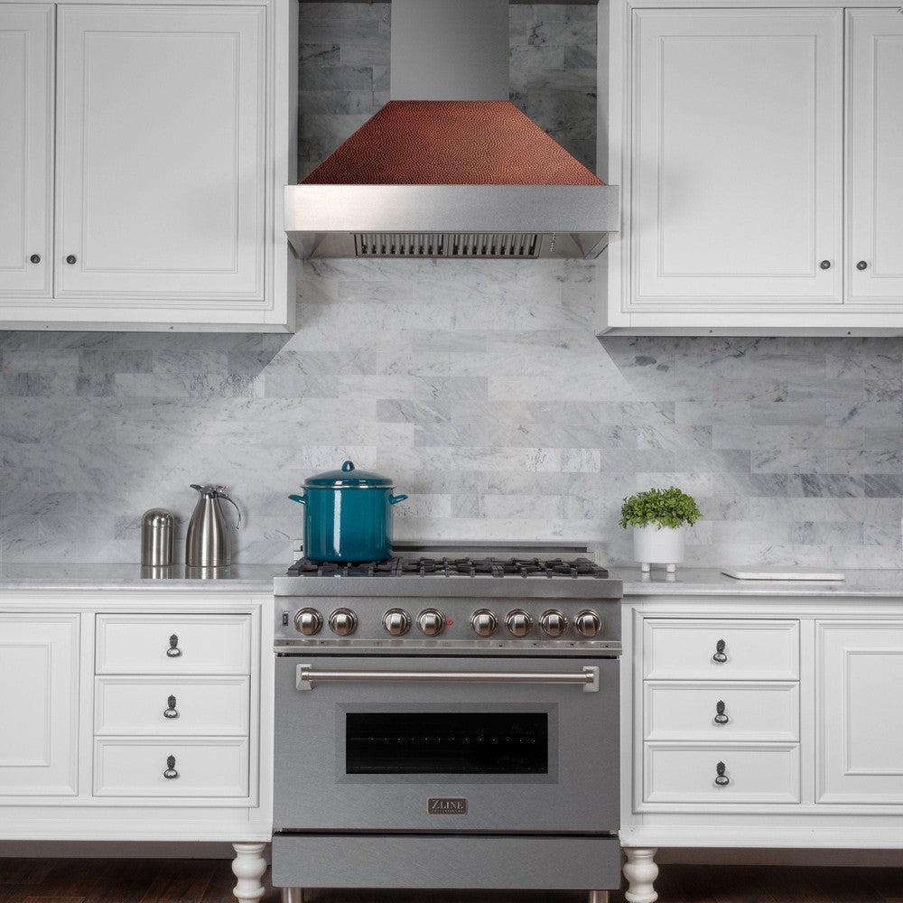 30 In. Ducted Satin Stainless Steel Wall Mount Range Hood With Hand-hammered Copper Shell 8654HH30