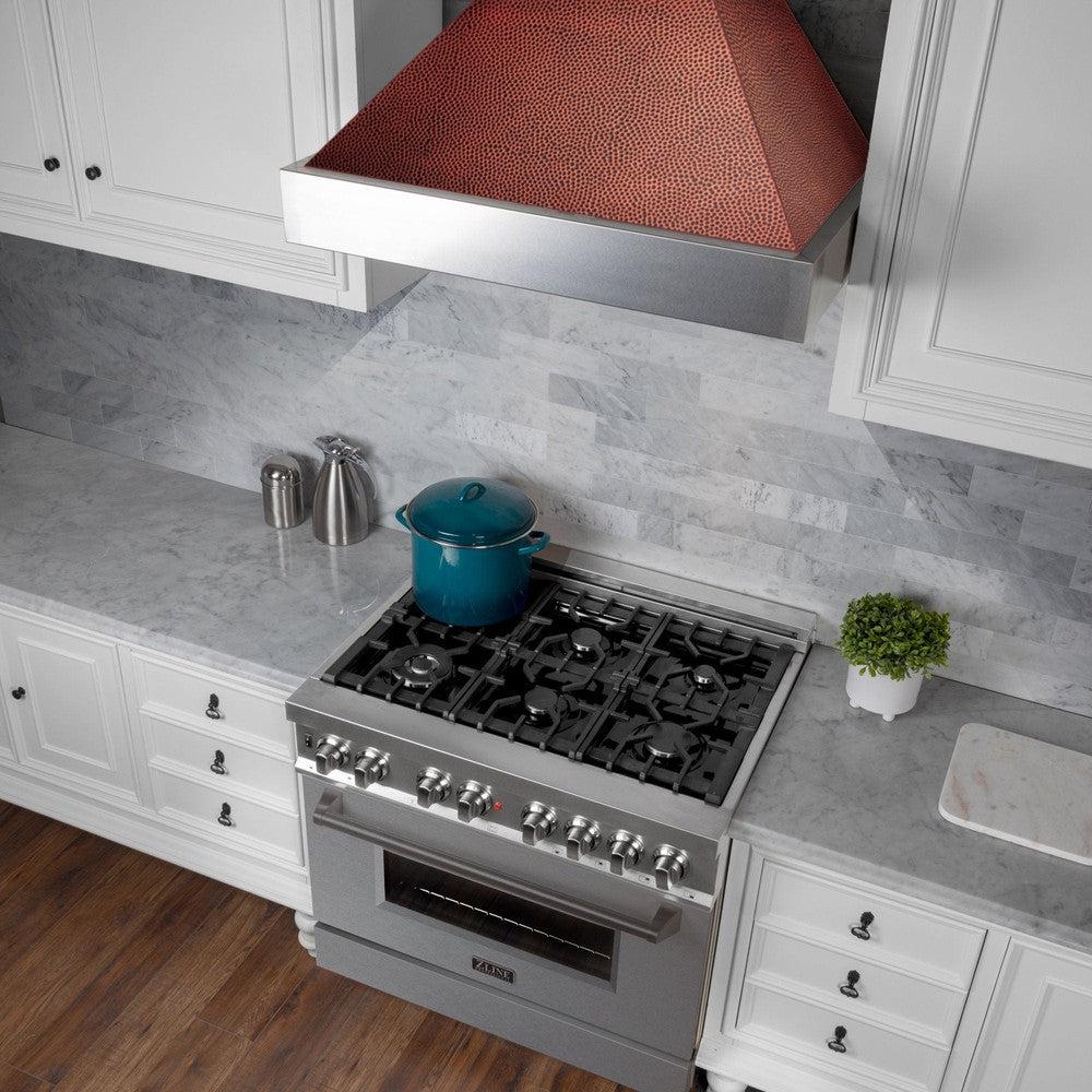 36 In. Ducted Satin Stainless Steel Wall Mount Range Hood With Hand-hammered Copper Shell 8654HH36