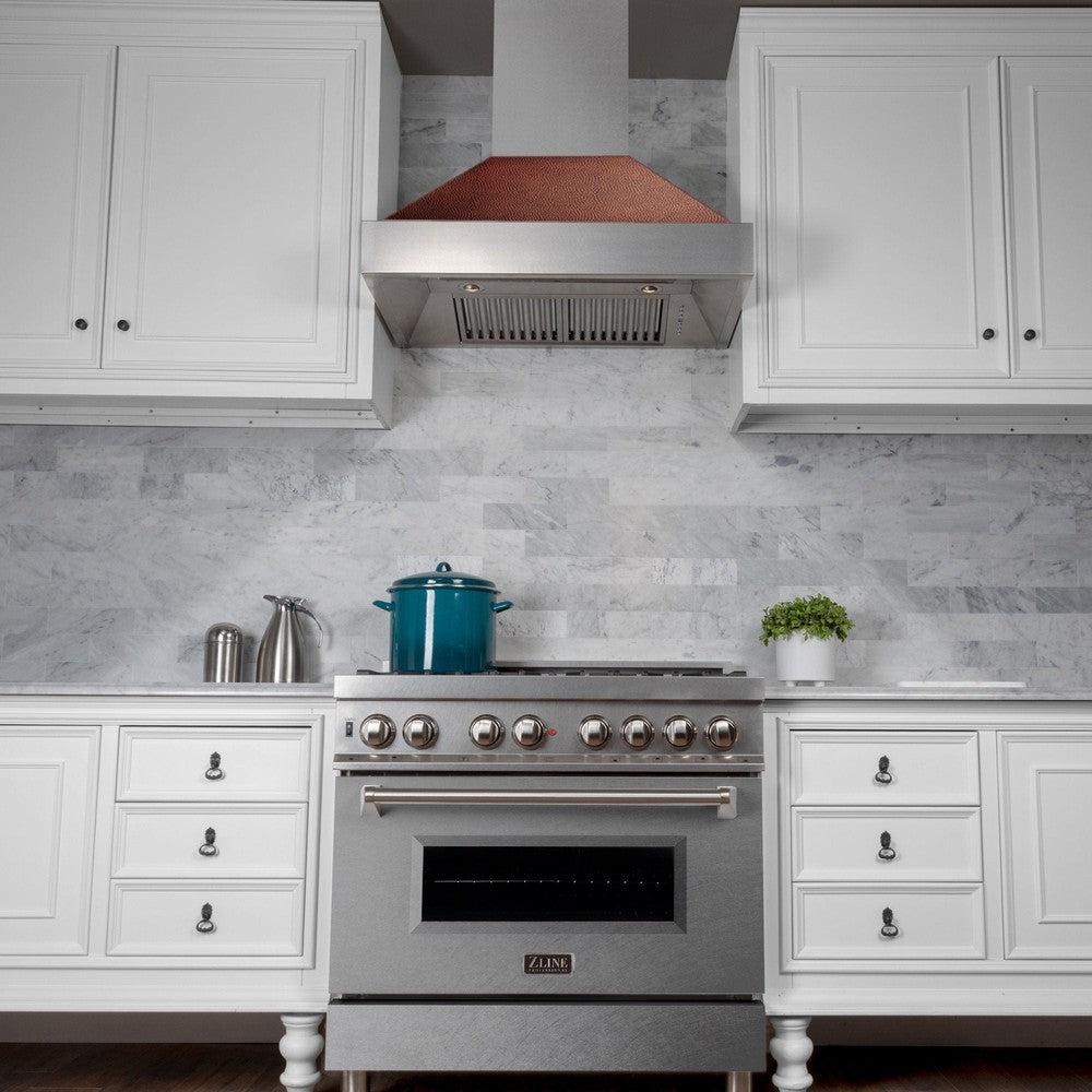 36 In. Ducted Satin Stainless Steel Wall Mount Range Hood With Hand-hammered Copper Shell 8654HH36