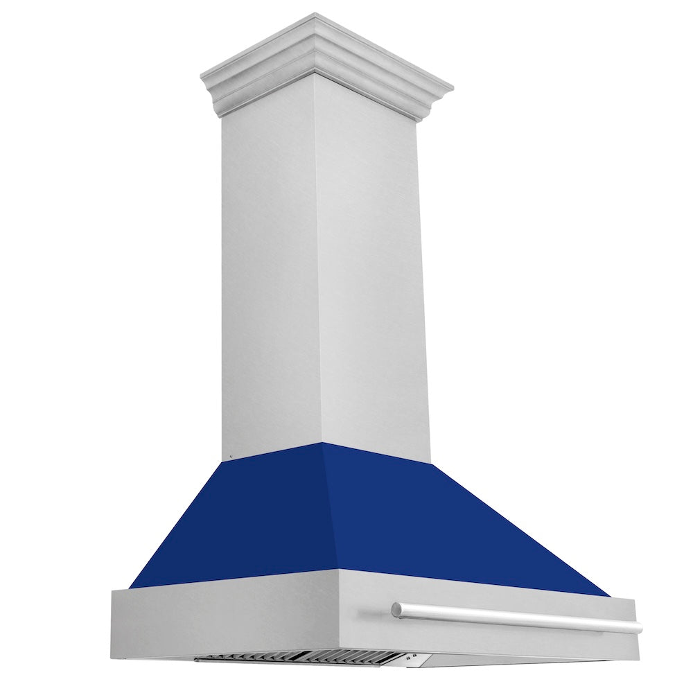36 In. Satin Stainless Steel Wall Mount Range Hood With Blue Gloss Shell And Stainless Steel Handle 8654SNXBG36