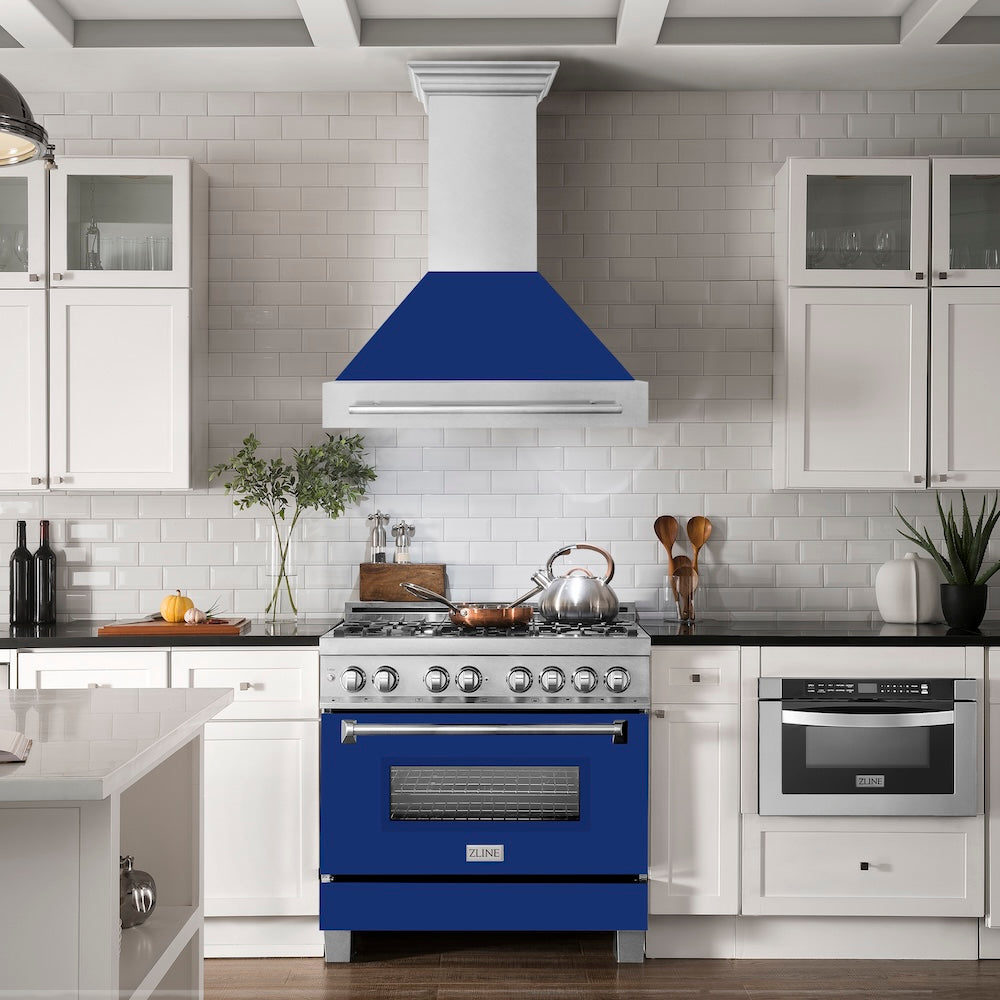 36 In. Satin Stainless Steel Wall Mount Range Hood With Blue Gloss Shell And Stainless Steel Handle 8654SNXBG36