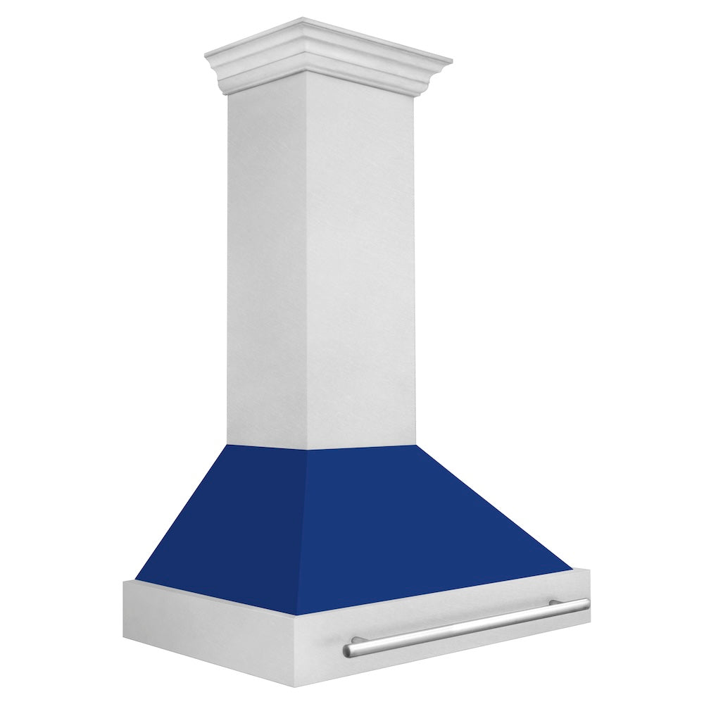 36 In. Satin Stainless Steel Wall Mount Range Hood With Blue Gloss Shell And Stainless Steel Handle 8654SNXBG36