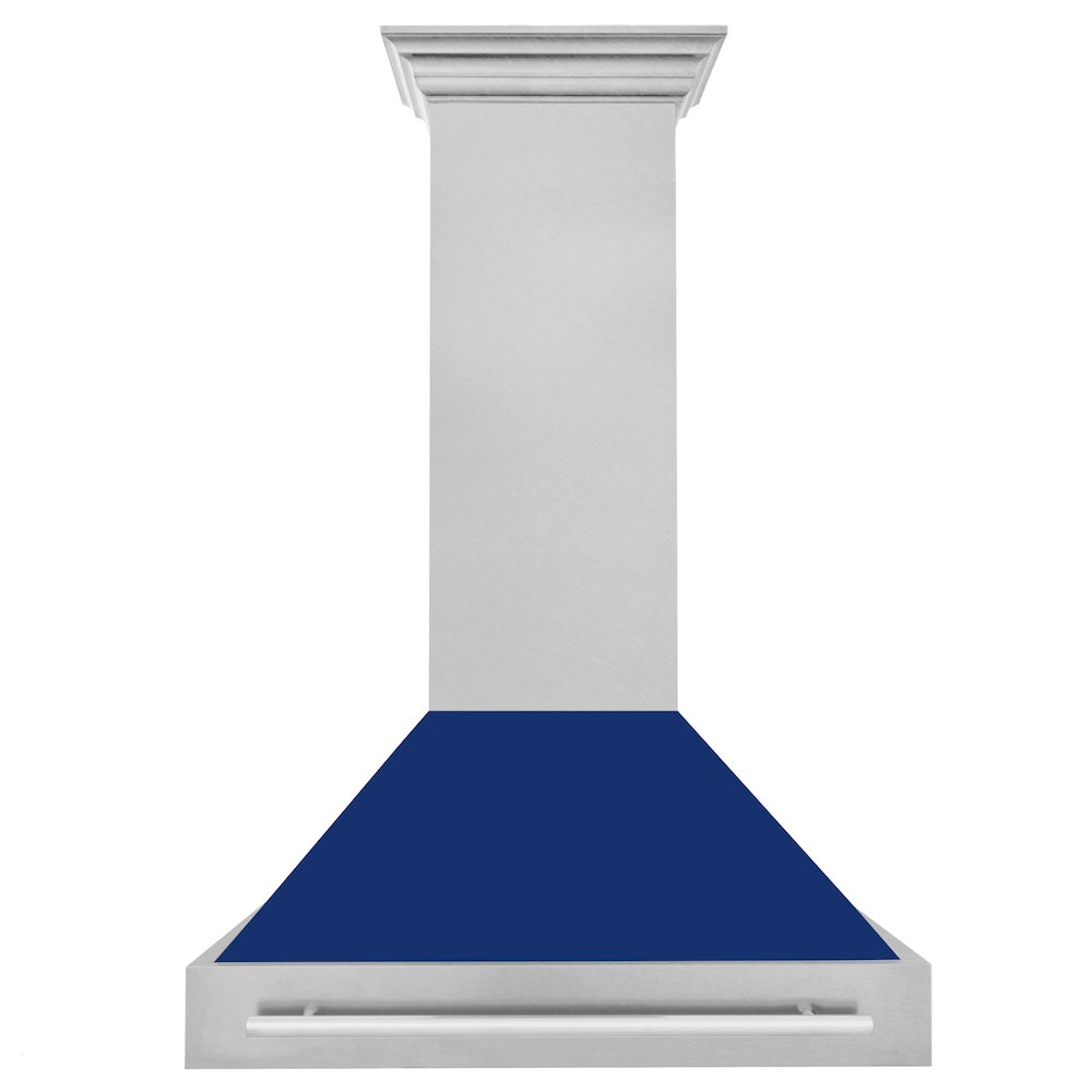 36 In. Satin Stainless Steel Wall Mount Range Hood With Blue Gloss Shell And Stainless Steel Handle 8654SNXBG36