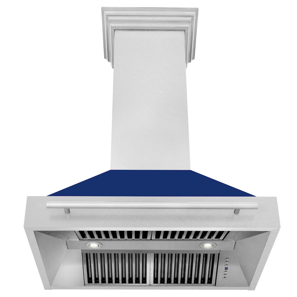 36 In. Satin Stainless Steel Wall Mount Range Hood With Blue Gloss Shell And Stainless Steel Handle 8654SNXBG36