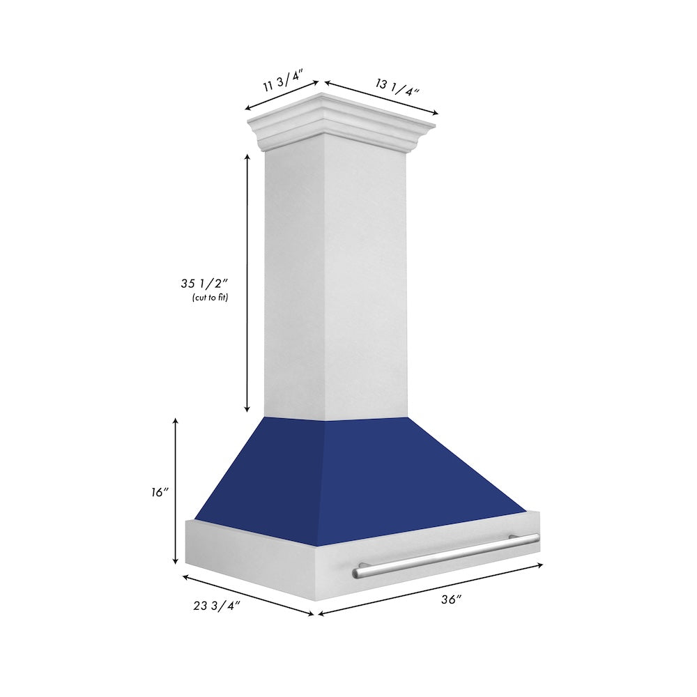 36 In. Satin Stainless Steel Wall Mount Range Hood With Blue Gloss Shell And Stainless Steel Handle 8654SNXBG36