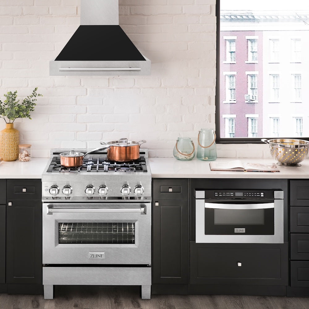 30 In. Satin Stainless Steel Wall Mount Range Hood With Black Matte Shell And Stainless Steel Handle 8654SNXBLM30