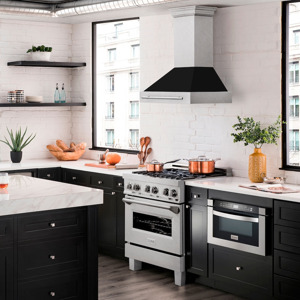 30 In. Satin Stainless Steel Wall Mount Range Hood With Black Matte Shell And Stainless Steel Handle 8654SNXBLM30