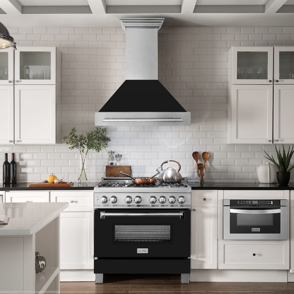 36 In. Satin Stainless Steel Wall Mount Range Hood With Black Matte Shell And Stainless Steel Handle 8654SNXBLM36