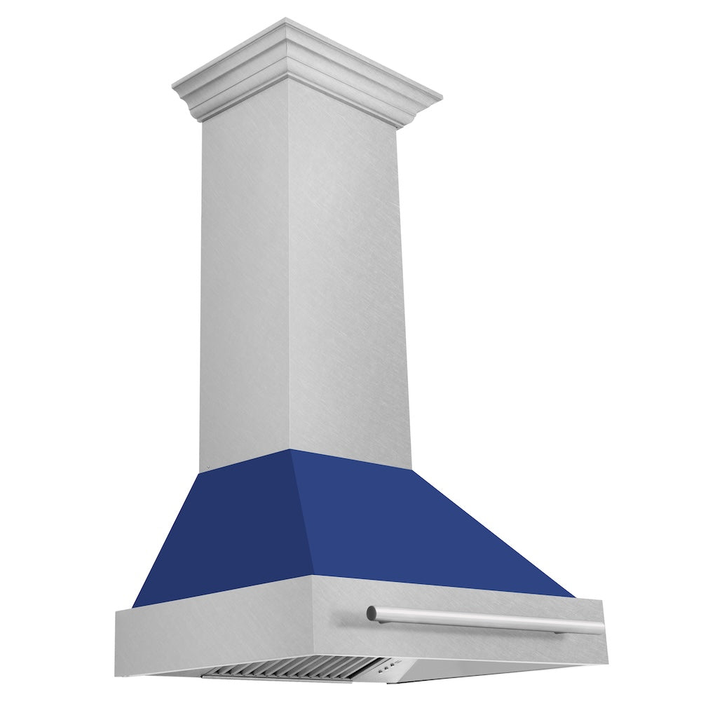 30 In. Satin Stainless Steel Wall Mount Range Hood With Blue Matte Shell And Stainless Steel Handle 8654SNXBM30