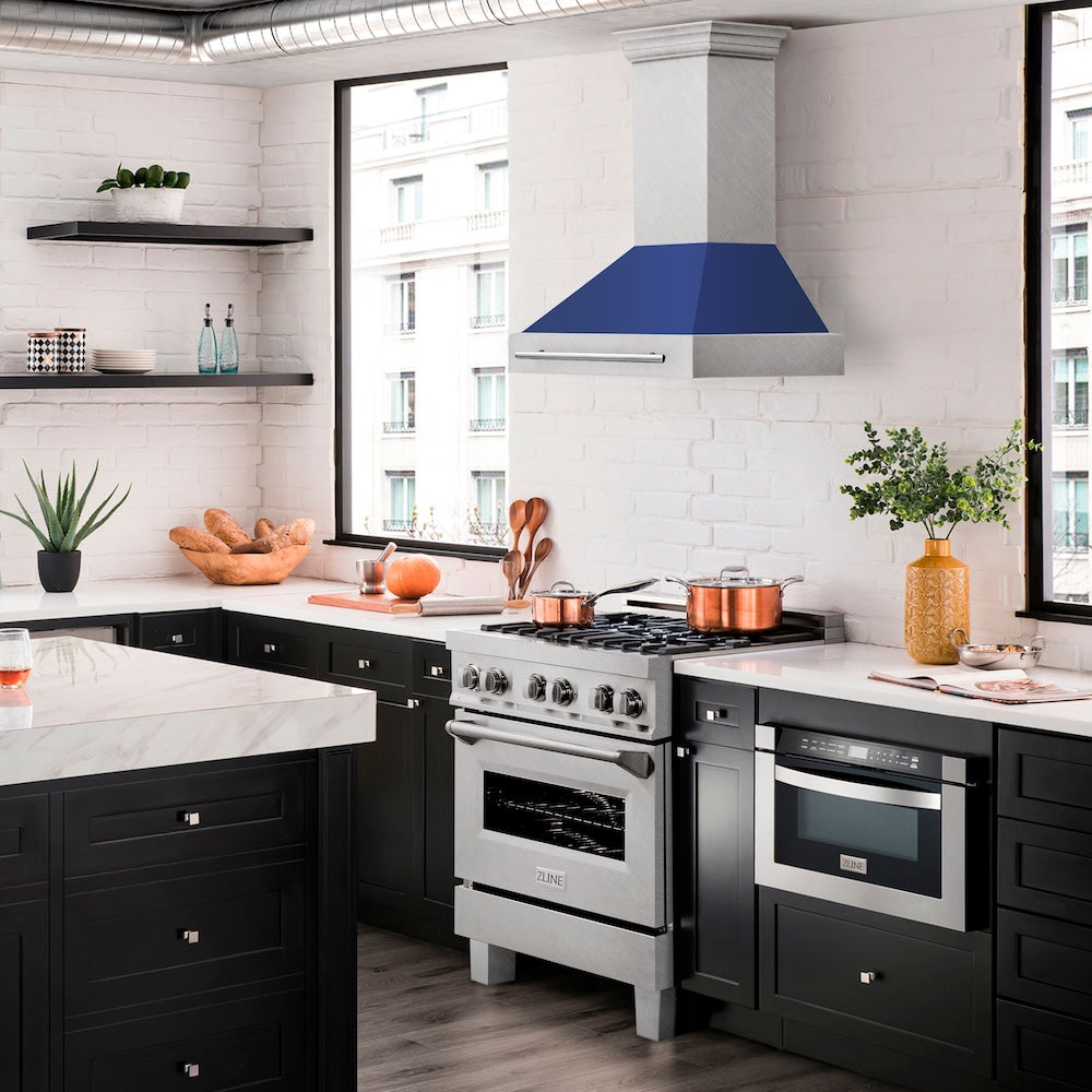 30 In. Satin Stainless Steel Wall Mount Range Hood With Blue Matte Shell And Stainless Steel Handle 8654SNXBM30
