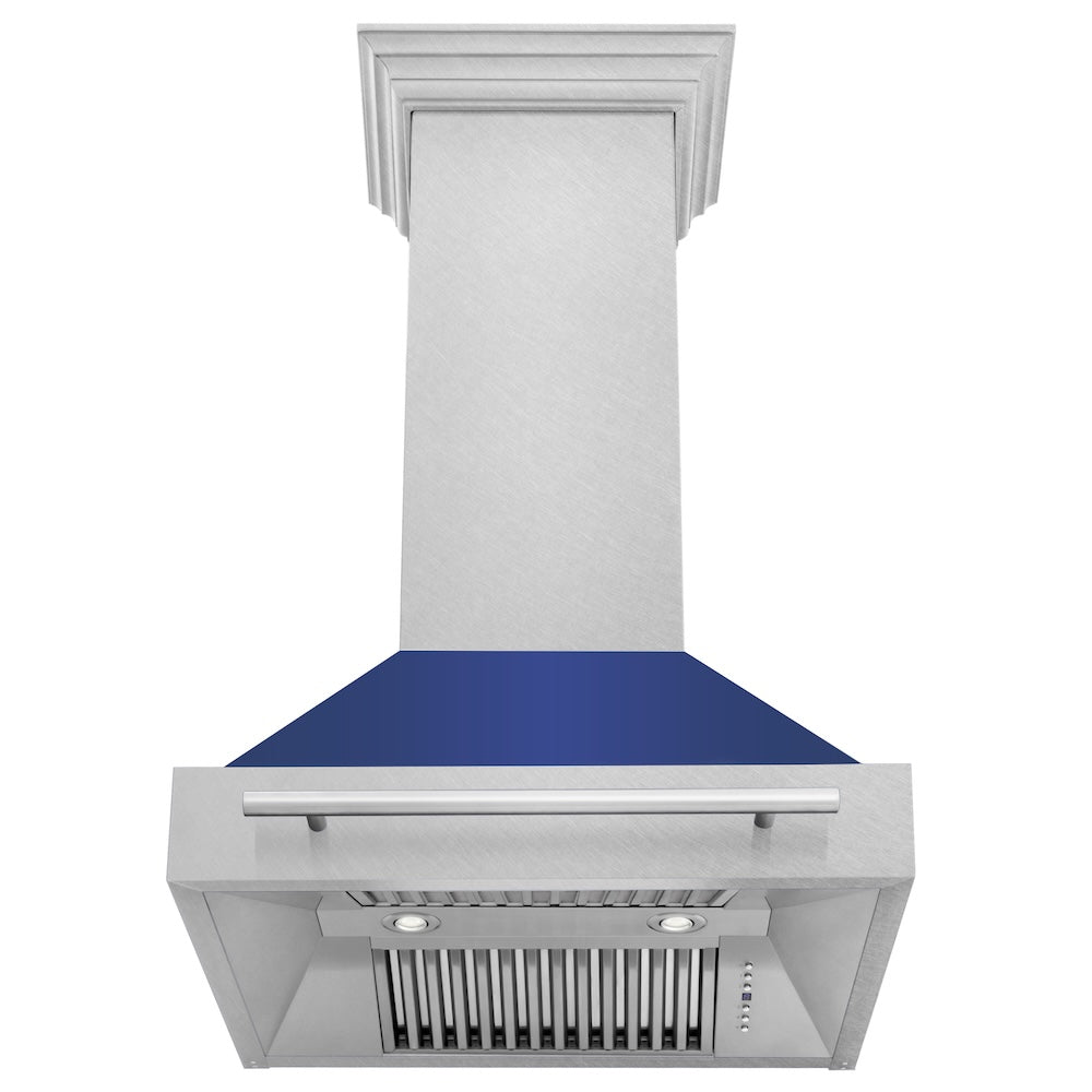 30 In. Satin Stainless Steel Wall Mount Range Hood With Blue Matte Shell And Stainless Steel Handle 8654SNXBM30