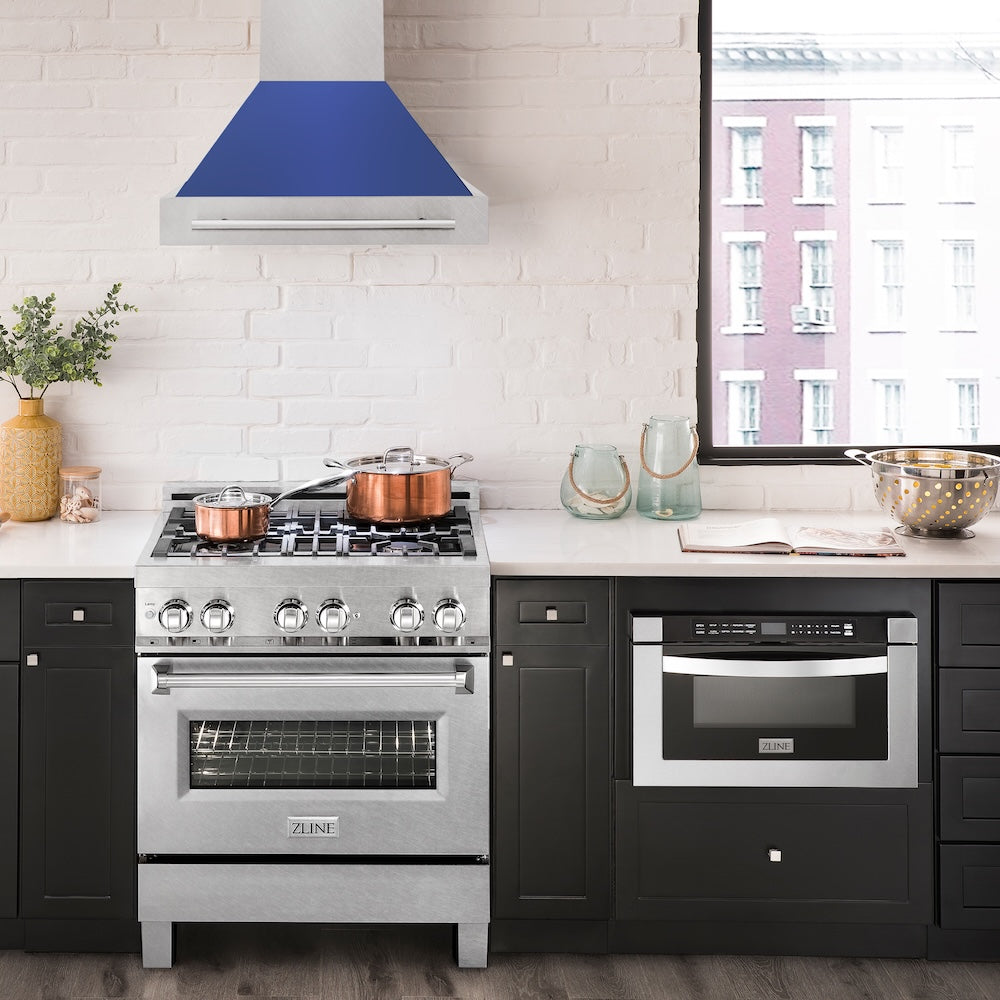 30 In. Satin Stainless Steel Wall Mount Range Hood With Blue Matte Shell And Stainless Steel Handle 8654SNXBM30