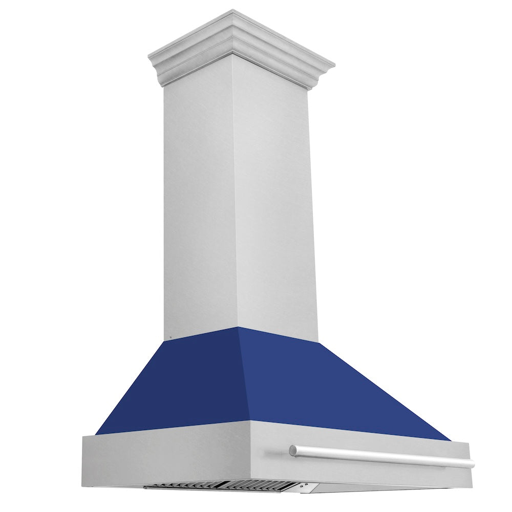 36 In. Satin Stainless Steel Wall Mount Range Hood With Blue Matte Shell And Stainless Steel Handle 8654SNXBM36