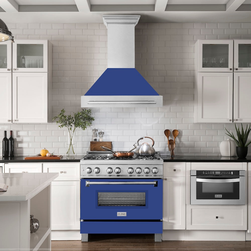36 In. Satin Stainless Steel Wall Mount Range Hood With Blue Matte Shell And Stainless Steel Handle 8654SNXBM36
