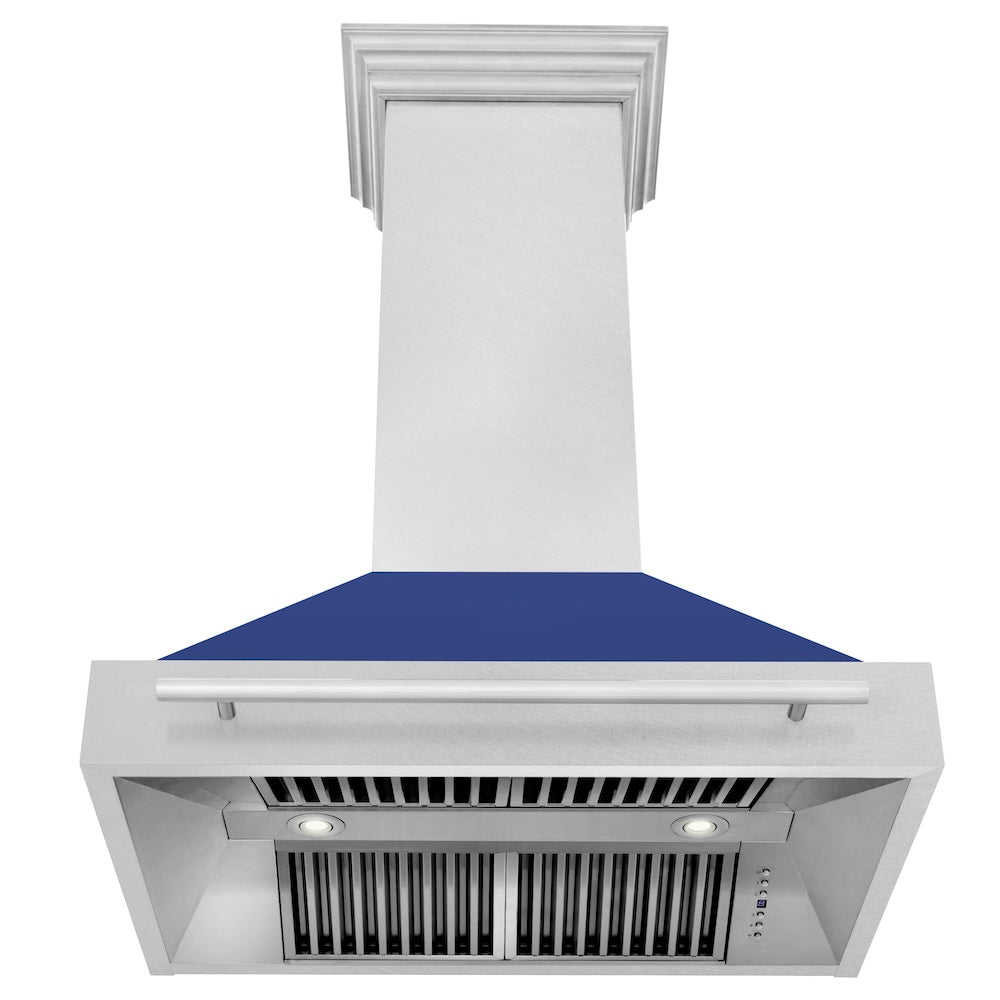 36 In. Satin Stainless Steel Wall Mount Range Hood With Blue Matte Shell And Stainless Steel Handle 8654SNXBM36