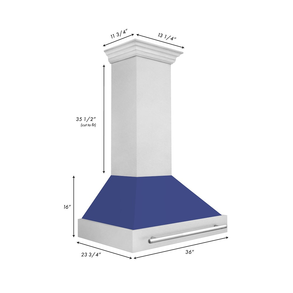36 In. Satin Stainless Steel Wall Mount Range Hood With Blue Matte Shell And Stainless Steel Handle 8654SNXBM36