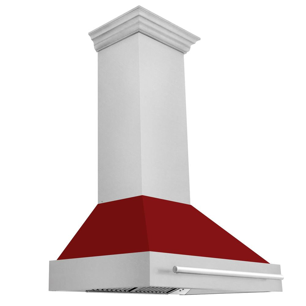 36 In. Satin Stainless Steel Wall Mount Range Hood With Red Gloss Shell And Stainless Steel Handle 8654SNXRG36