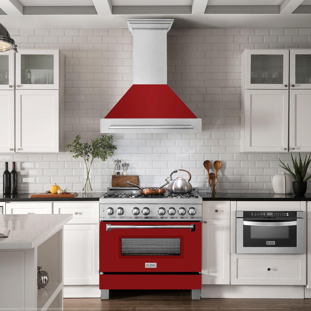 36 In. Satin Stainless Steel Wall Mount Range Hood With Red Gloss Shell And Stainless Steel Handle 8654SNXRG36