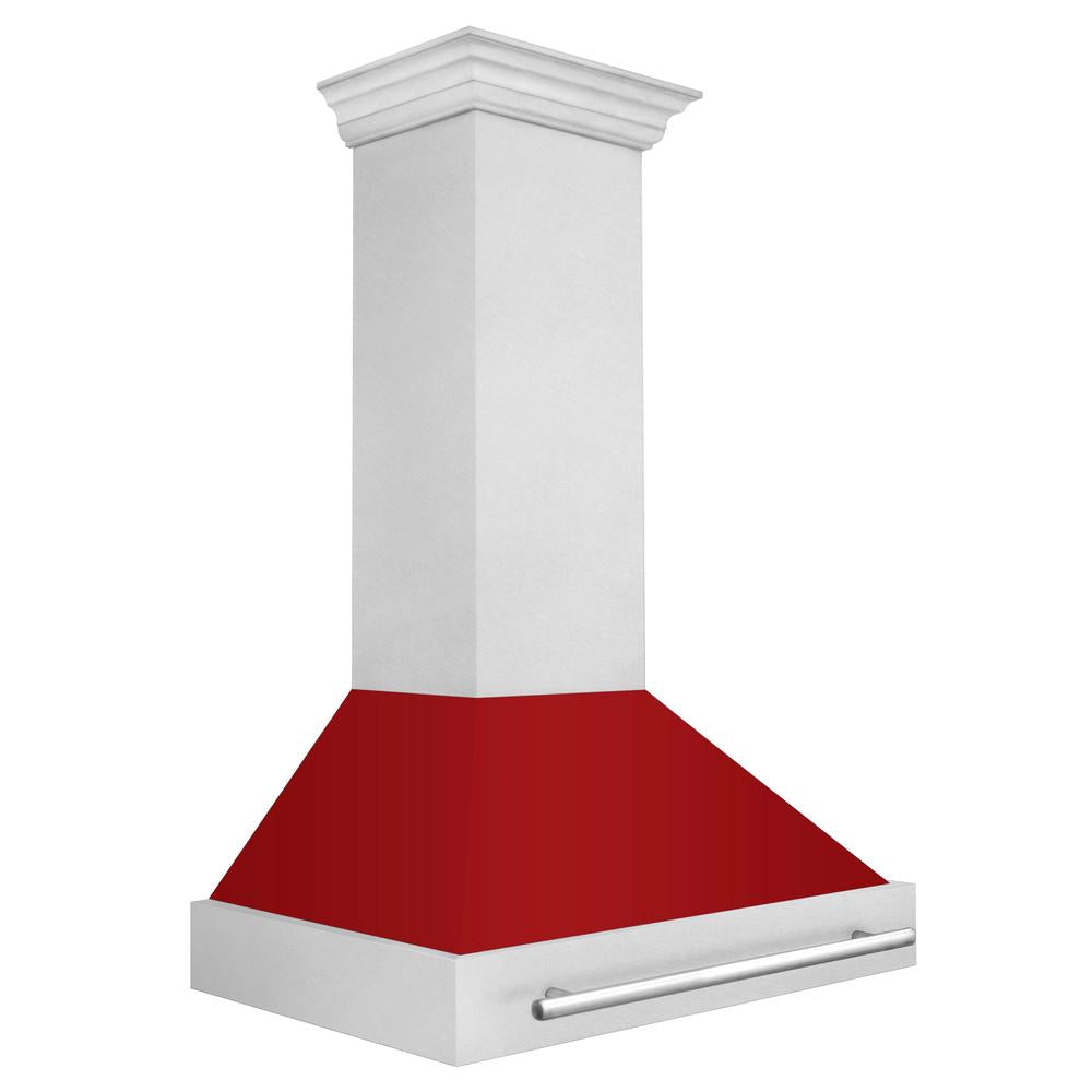 36 In. Satin Stainless Steel Wall Mount Range Hood With Red Gloss Shell And Stainless Steel Handle 8654SNXRG36