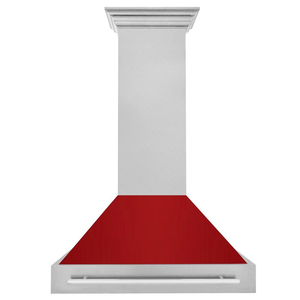 36 In. Satin Stainless Steel Wall Mount Range Hood With Red Gloss Shell And Stainless Steel Handle 8654SNXRG36