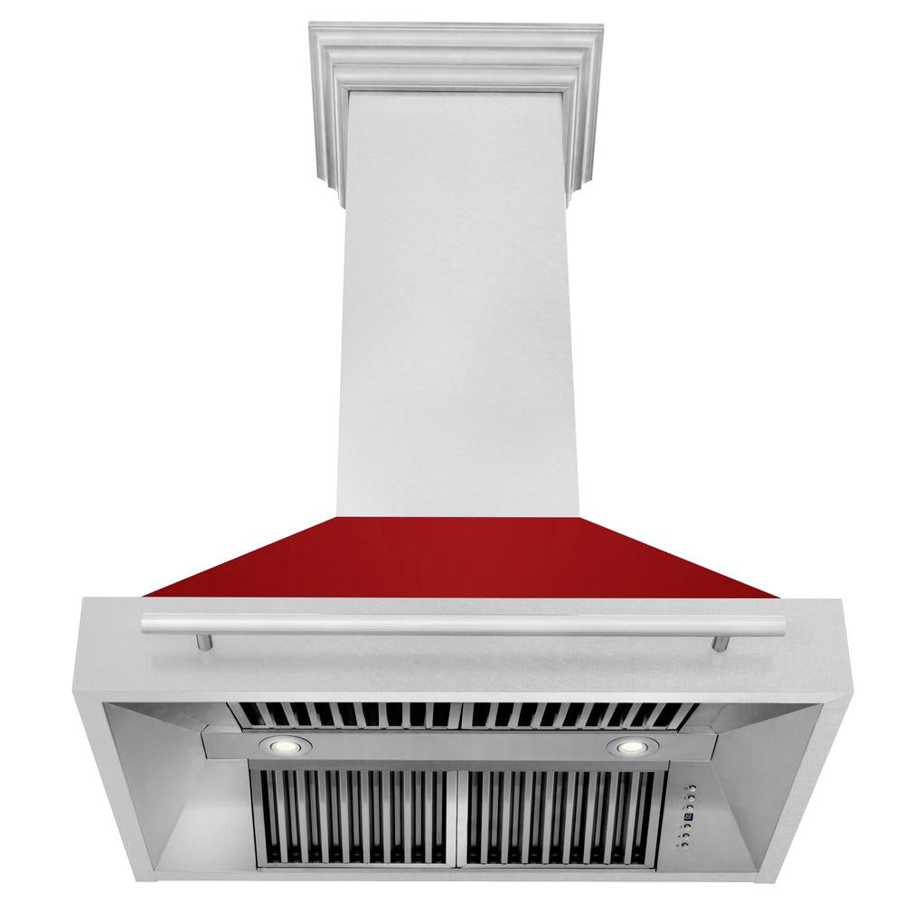 36 In. Satin Stainless Steel Wall Mount Range Hood With Red Gloss Shell And Stainless Steel Handle 8654SNXRG36
