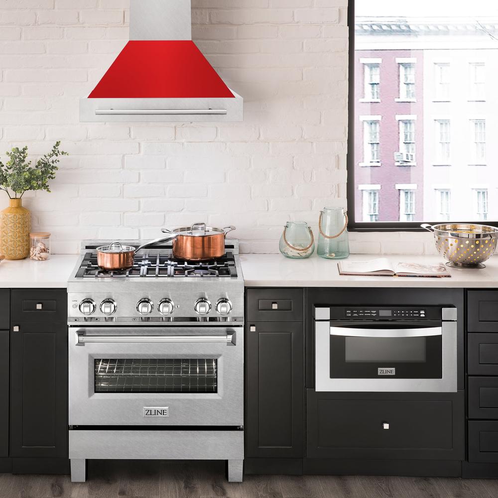 30 In. Satin Stainless Steel Wall Mount Range Hood With Red Matte Shell And Stainless Steel Handle 8654SNXRM30
