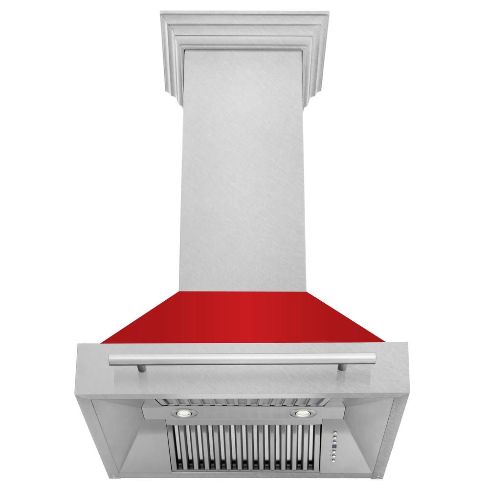 30 In. Satin Stainless Steel Wall Mount Range Hood With Red Matte Shell And Stainless Steel Handle 8654SNXRM30