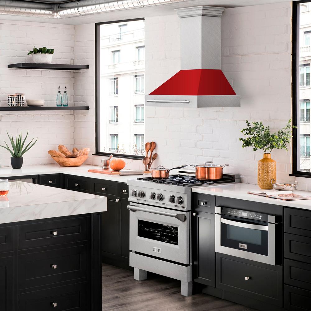 30 In. Satin Stainless Steel Wall Mount Range Hood With Red Matte Shell And Stainless Steel Handle 8654SNXRM30