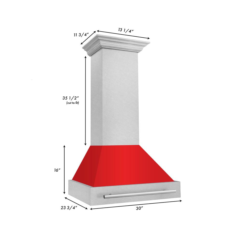 30 In. Satin Stainless Steel Wall Mount Range Hood With Red Matte Shell And Stainless Steel Handle 8654SNXRM30