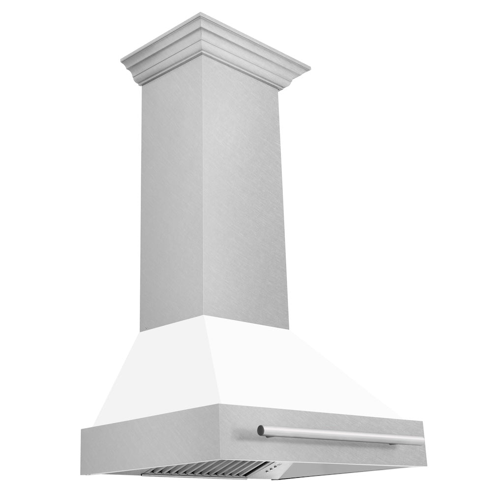 30 In. Satin Stainless Steel Wall Mount Range Hood With White Matte Shell And Stainless Steel Handle 8654SNXWM30