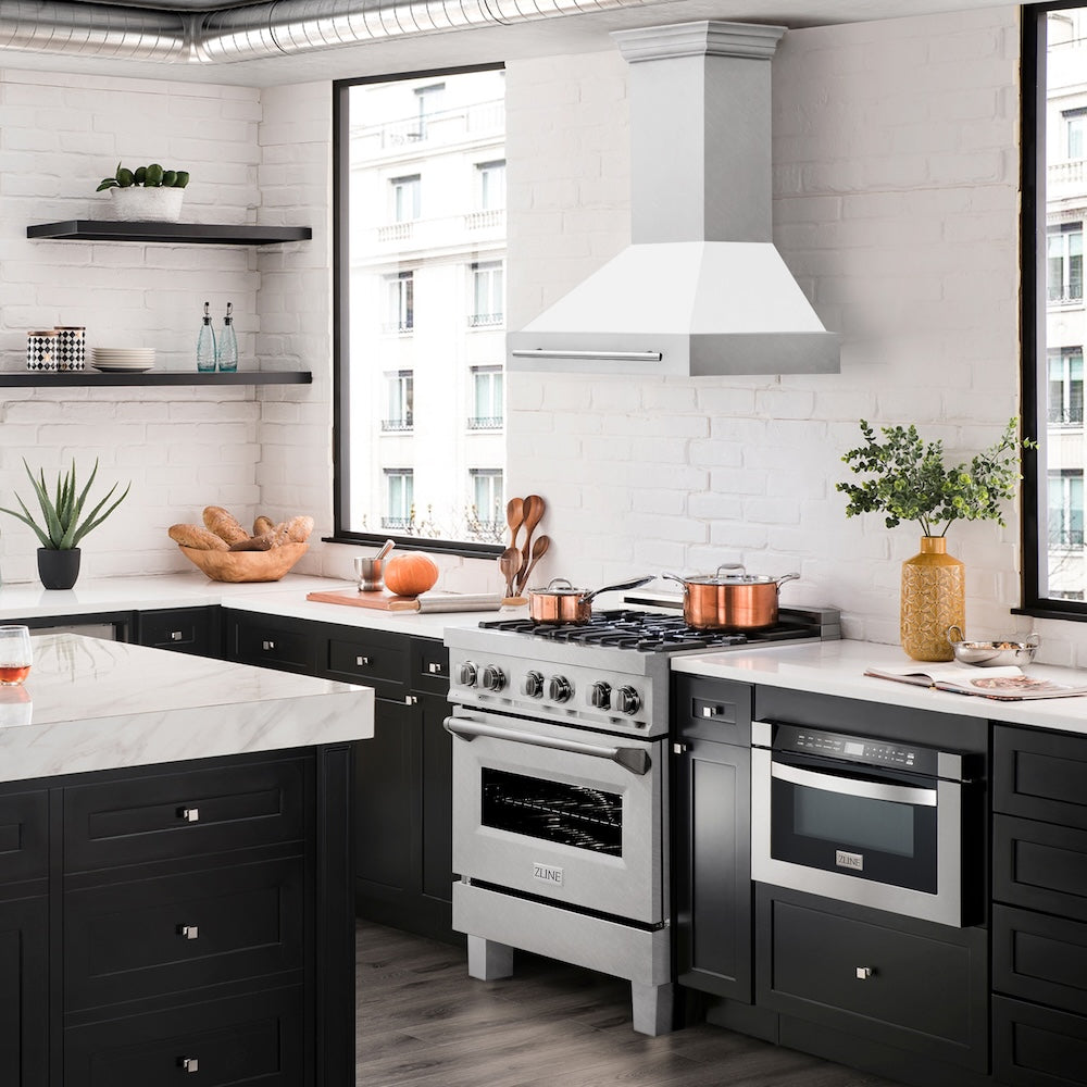 30 In. Satin Stainless Steel Wall Mount Range Hood With White Matte Shell And Stainless Steel Handle 8654SNXWM30