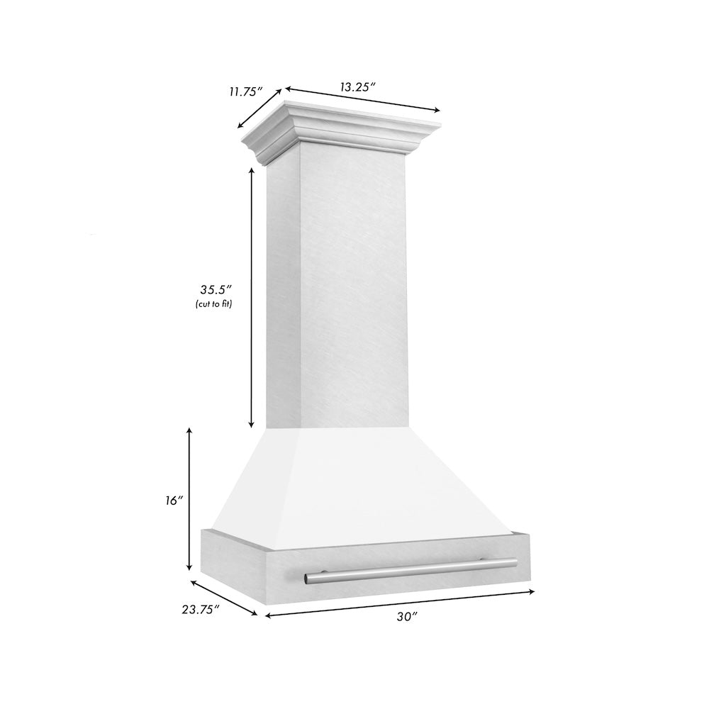 30 In. Satin Stainless Steel Wall Mount Range Hood With White Matte Shell And Stainless Steel Handle 8654SNXWM30