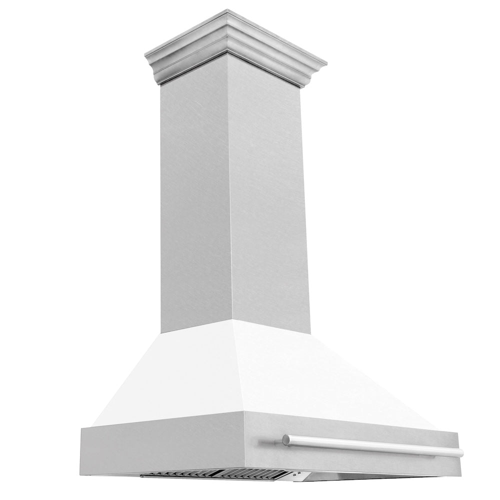36 In. Satin Stainless Steel Wall Mount Range Hood With White Matte Shell And Stainless Steel Handle 8654SNXWM36