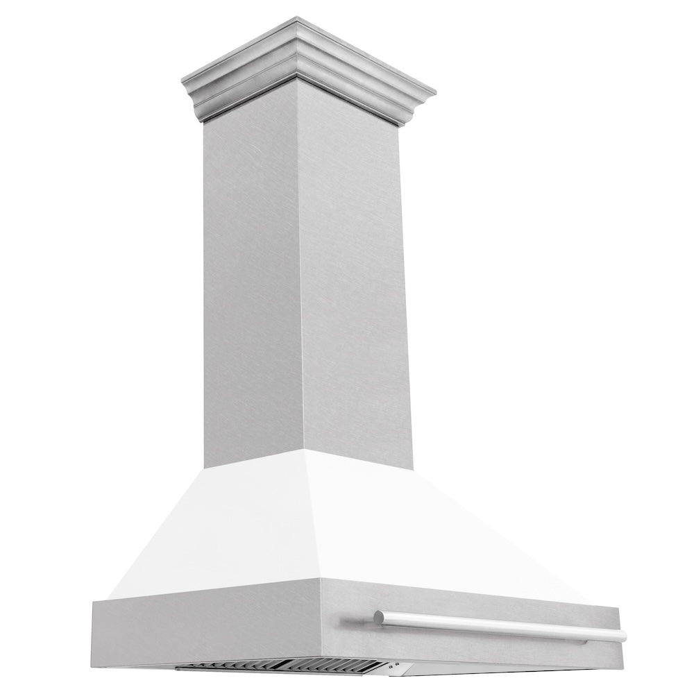 36 In. Satin Stainless Steel Wall Mount Range Hood With White Matte Shell And Stainless Steel Handle 8654SNXWM36