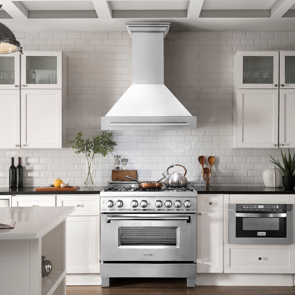 36 In. Satin Stainless Steel Wall Mount Range Hood With White Matte Shell And Stainless Steel Handle 8654SNXWM36