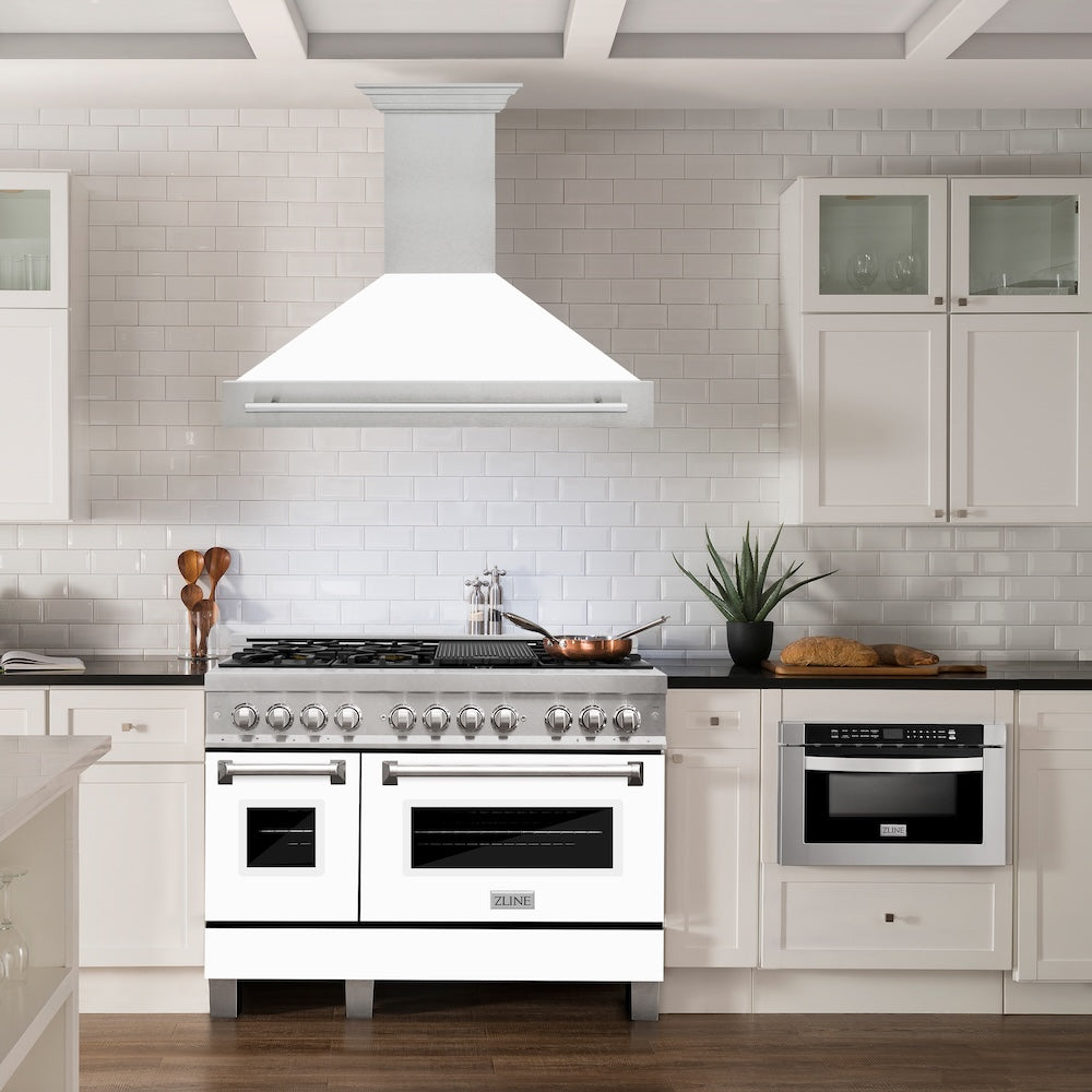 48 In. Satin Stainless Steel Wall Mount Range Hood With White Matte Shell And Stainless Steel Handle 8654SNXWM48