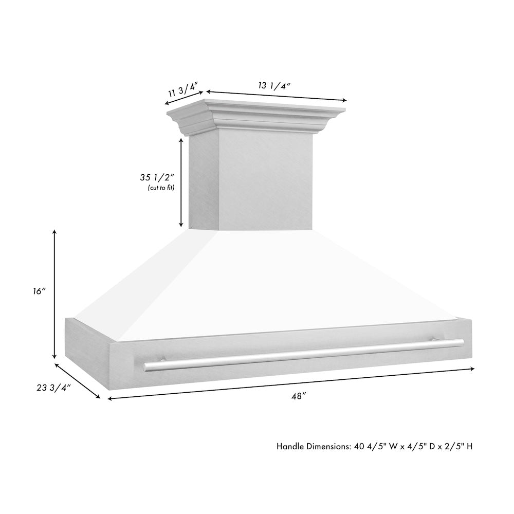 48 In. Satin Stainless Steel Wall Mount Range Hood With White Matte Shell And Stainless Steel Handle 8654SNXWM48