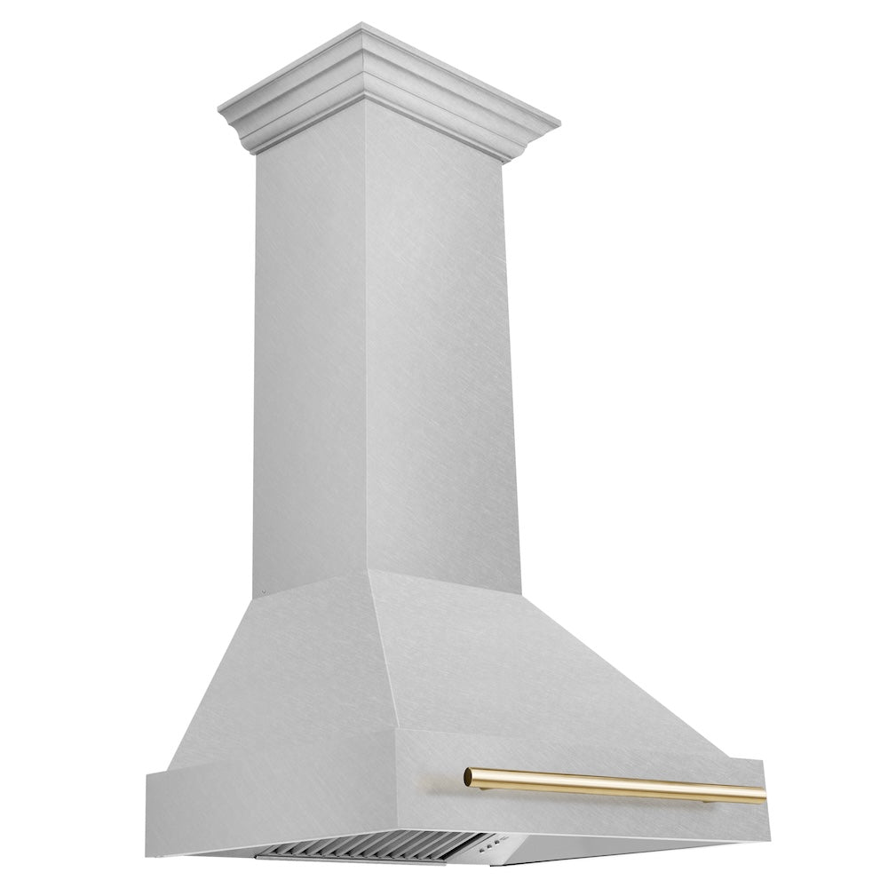 Autograph Edition 30 In. Satin Stainless Steel Wall Mount Range Hood With Polished Gold Handle 8654SNZ30G