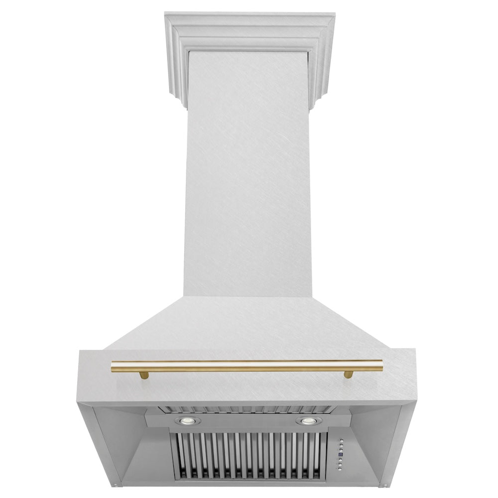 Autograph Edition 30 In. Satin Stainless Steel Wall Mount Range Hood With Polished Gold Handle 8654SNZ30G