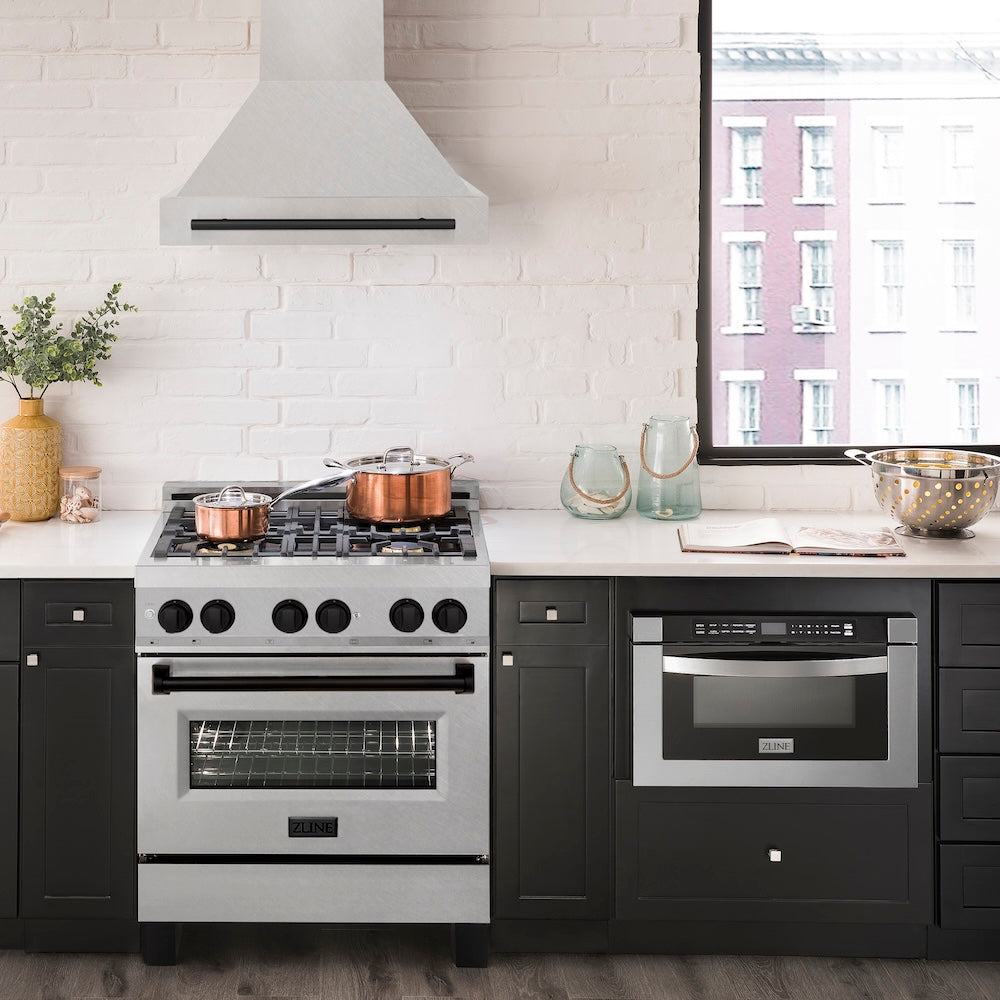 Autograph Edition 30 In. Satin Stainless Steel Wall Mount Range Hood With Matte Black Handle 8654SNZ30MB