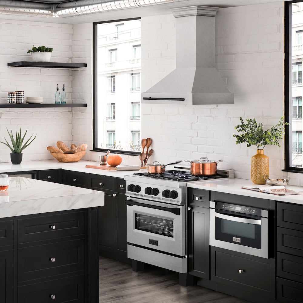 Autograph Edition 30 In. Satin Stainless Steel Wall Mount Range Hood With Matte Black Handle 8654SNZ30MB