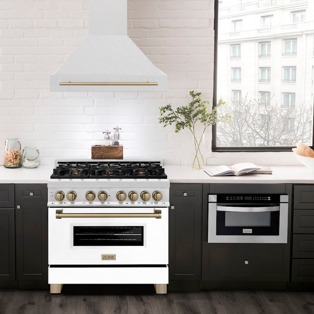 Autograph Edition 36 In. Satin Stainless Steel Wall Mount Range Hood With Champagne Bronze Handle 8654SNZ36CB
