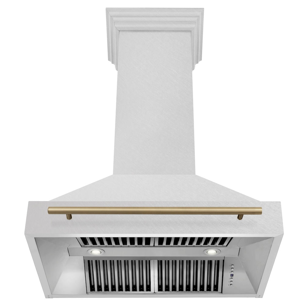 Autograph Edition 36 In. Satin Stainless Steel Wall Mount Range Hood With Champagne Bronze Handle 8654SNZ36CB