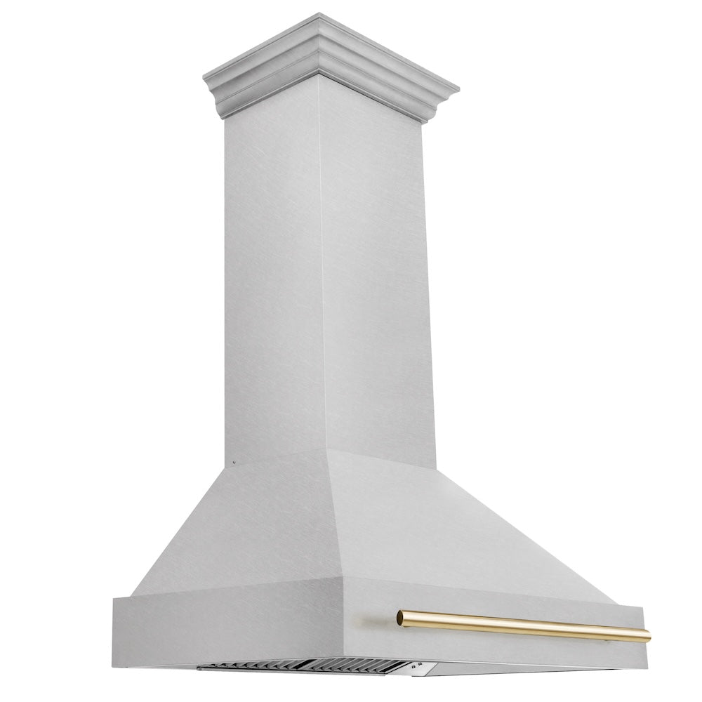 Autograph Edition 36 In. Satin Stainless Steel Wall Mount Range Hood With Polished Gold Handle 8654SNZ36G
