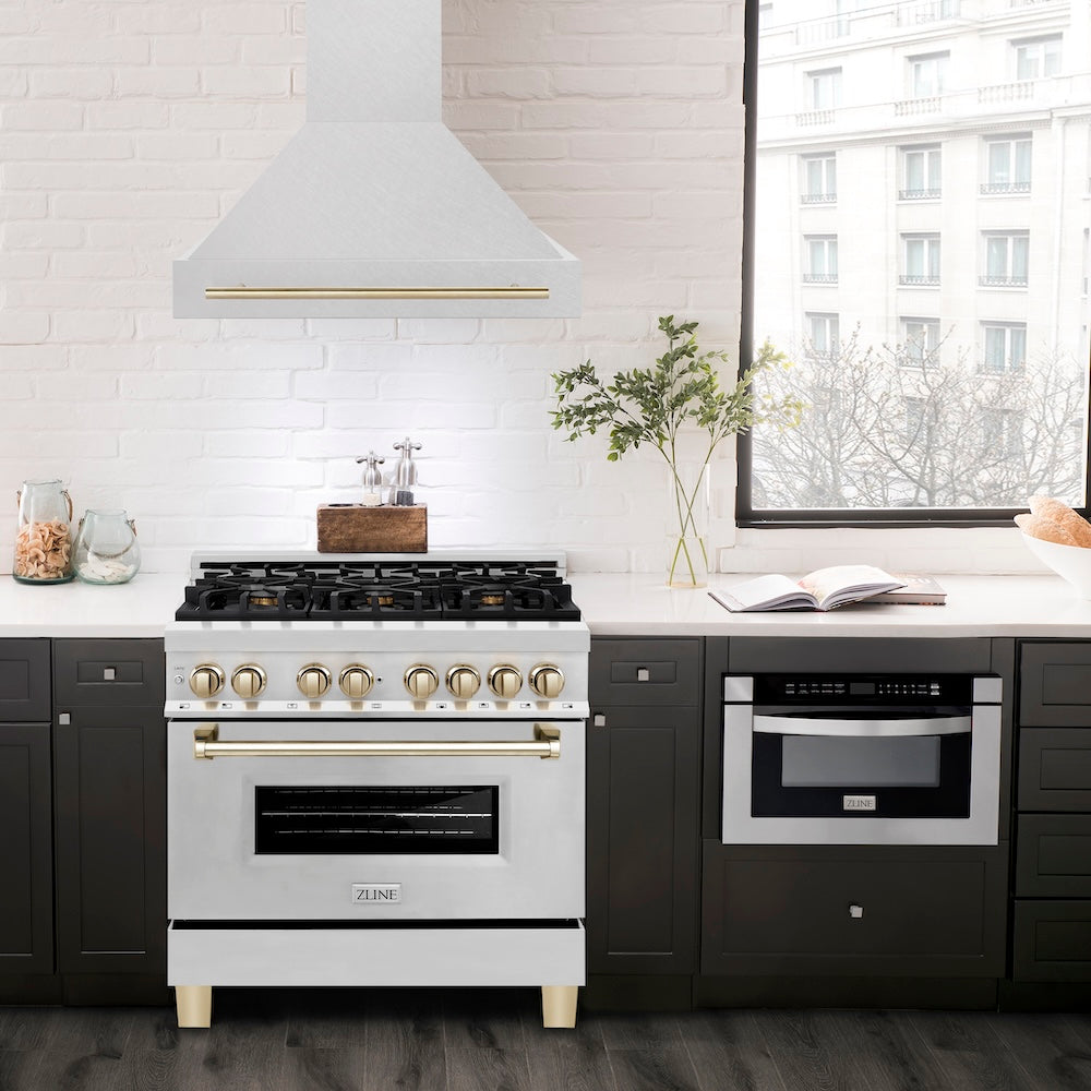 Autograph Edition 36 In. Satin Stainless Steel Wall Mount Range Hood With Polished Gold Handle 8654SNZ36G