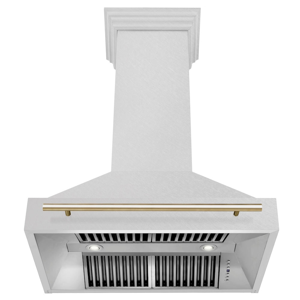 Autograph Edition 36 In. Satin Stainless Steel Wall Mount Range Hood With Polished Gold Handle 8654SNZ36G